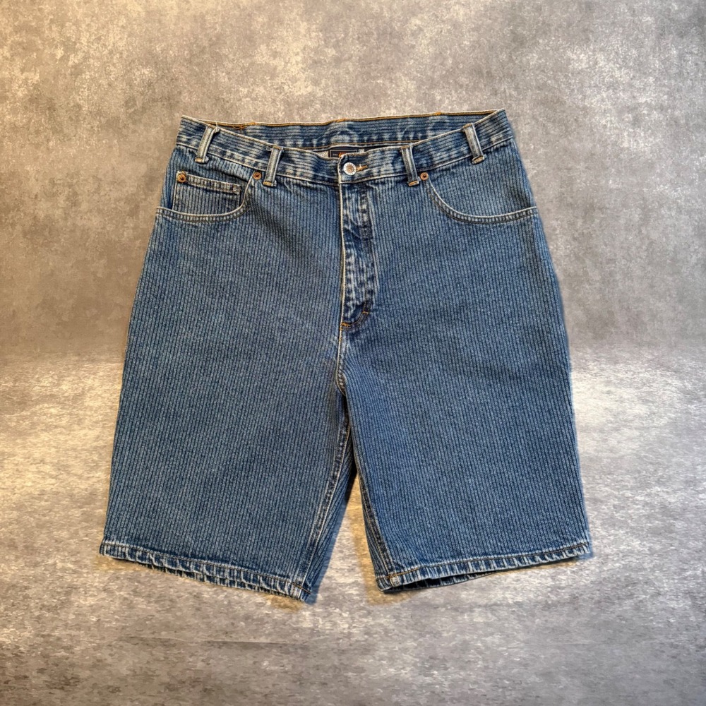 Vintage Route 66 Mens Blue Vertical Pinstripe Jean Shorts Relaxed Fit 34 Cotton